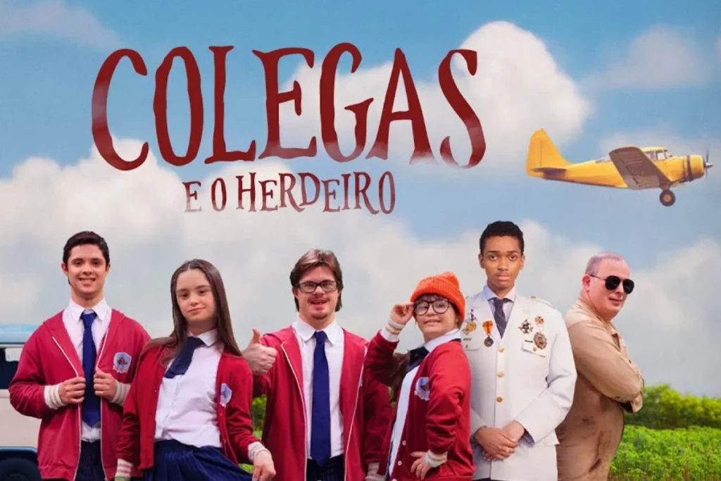 Elenco do filme Colegas e o Herdeiro, com atores com deficiência, reunido em cena